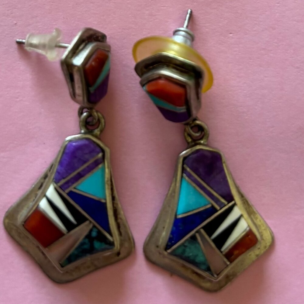 Navajo Artist Rick Tolino Sterling Silver inlaid Earrings